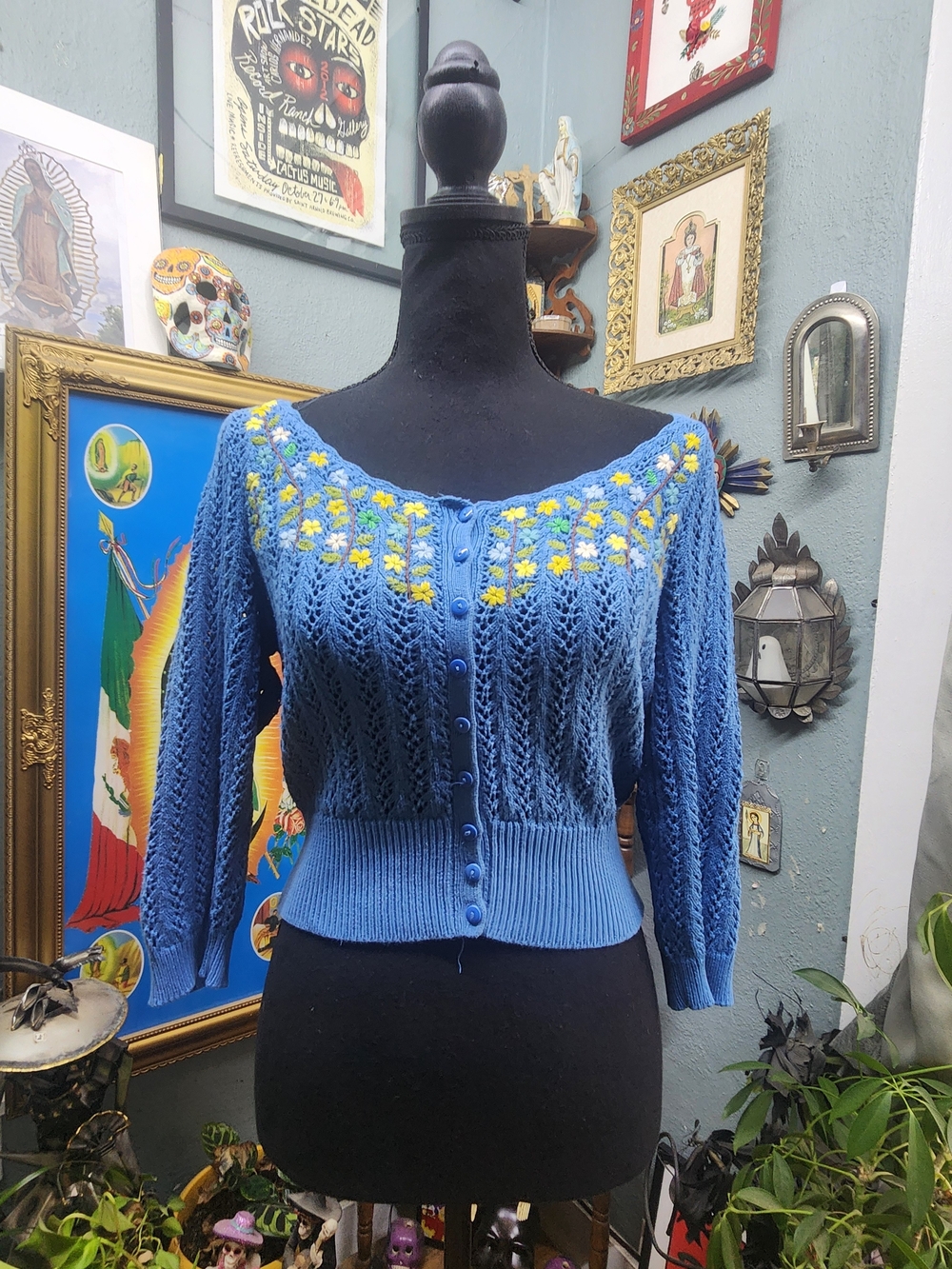 Blue Off-the-Shoulder Embroidered Knit Cardigan Sweater